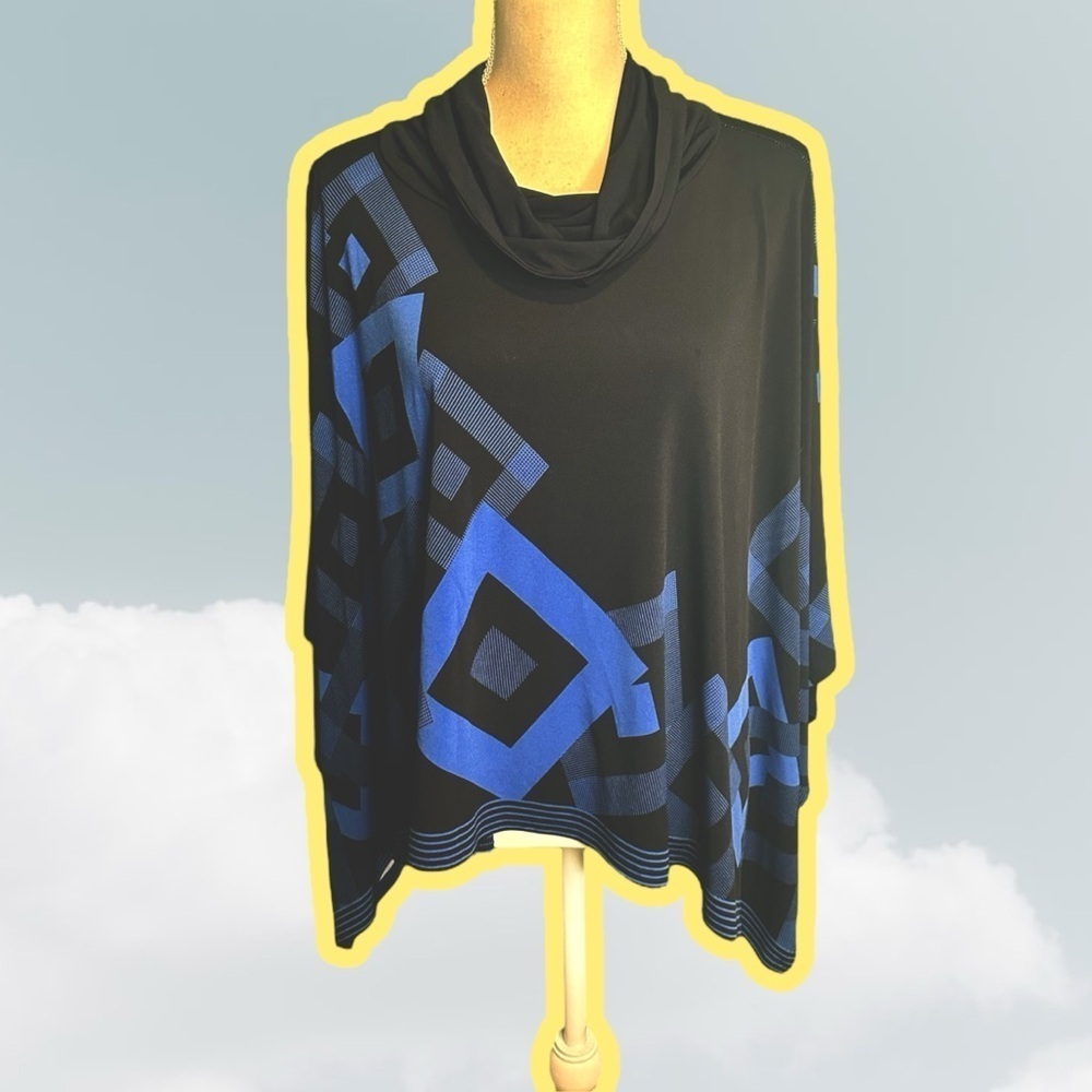 Joseph Ribkoff Navy Blue Geometric Print Jersey Knit Cowl Neck Poncho One Size